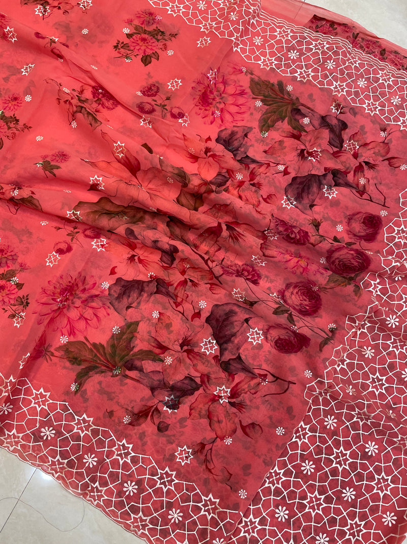 Pure Georgette  Digital Print with Chikankari Handloom Banarasi Saree - The Handlooms