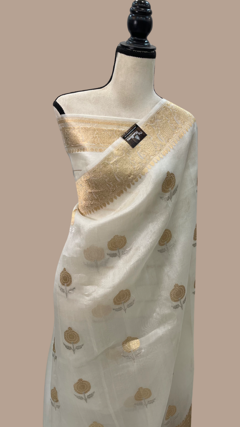 Pure Kora Handloom Banarasi Saree - Sona Roopa Alfi Kadua Boota - The Handlooms