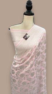 Pink Pure Khaddi Georgette Banarasi Saree with all over silver zari jaal work - The Handlooms