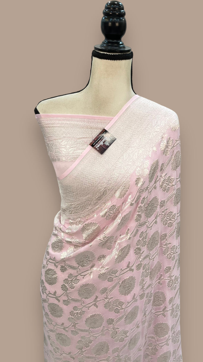 Pink Pure Khaddi Georgette Banarasi Saree with all over silver zari jaal work - The Handlooms