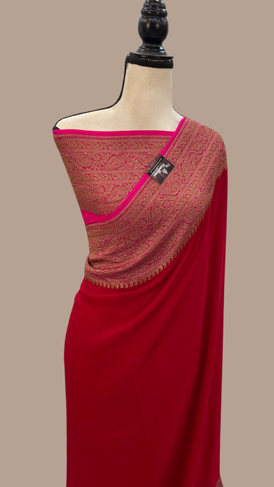 Red with Pink Khaddi Georgette Handloom Banarasi Saree -  Antique zari