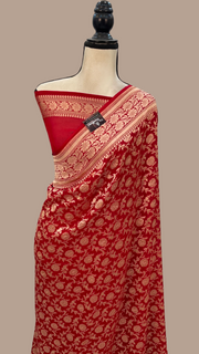Red Pure Khaddi Georgette Handloom Banarasi Saree - The Handlooms
