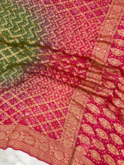Dual Shade Pure Georgette Banarasi Bandhej Handloom Saree - The Handlooms
