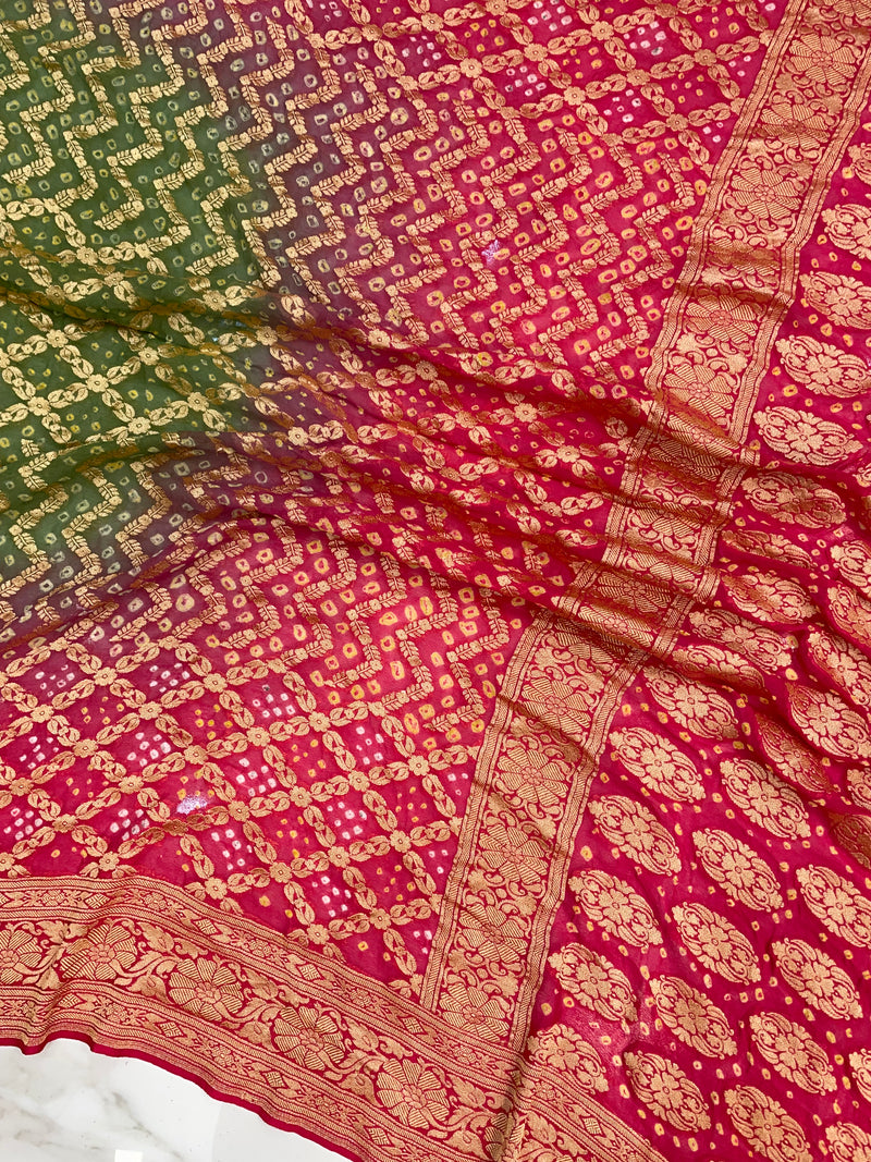 Dual Shade Pure Georgette Banarasi Bandhej Handloom Saree - The Handlooms