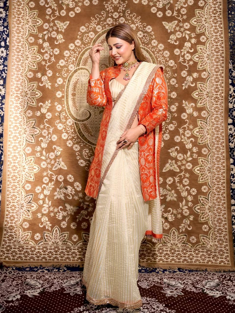 Hina Khan in Pure Kora Tissue Handloom Banarasi Saree With Lace - The Handlooms