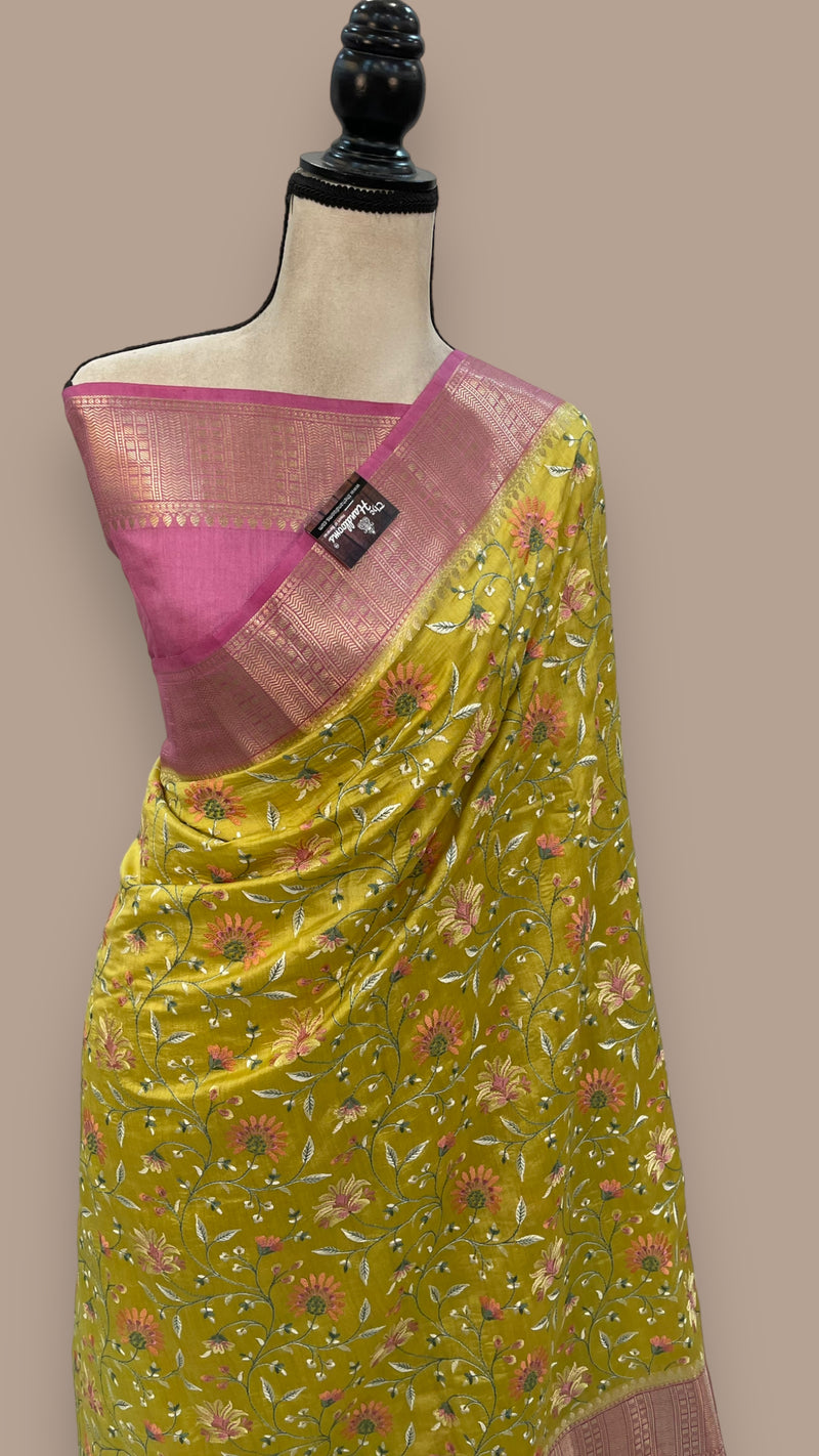 Pure Chiniya Silk Handloom Banarasi Saree with Chikankari - The Handlooms