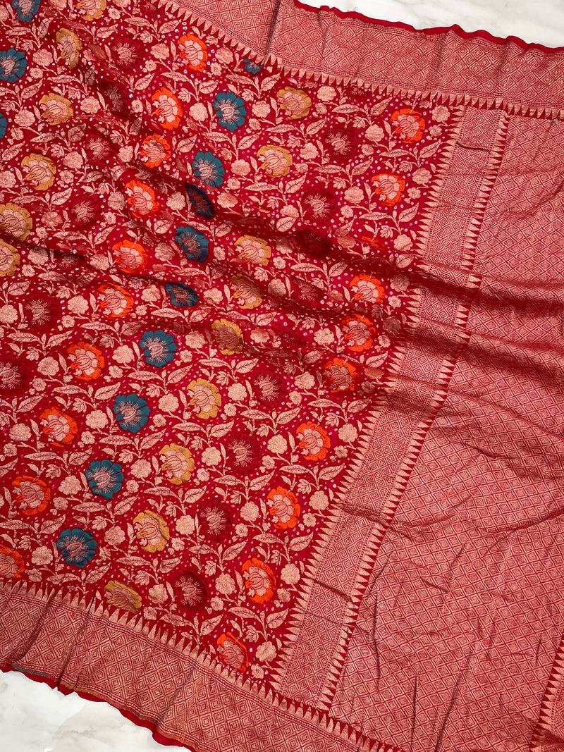 Pure Georgette Banarasi Bandhej Handloom Saree - with meenakari work - The Handlooms