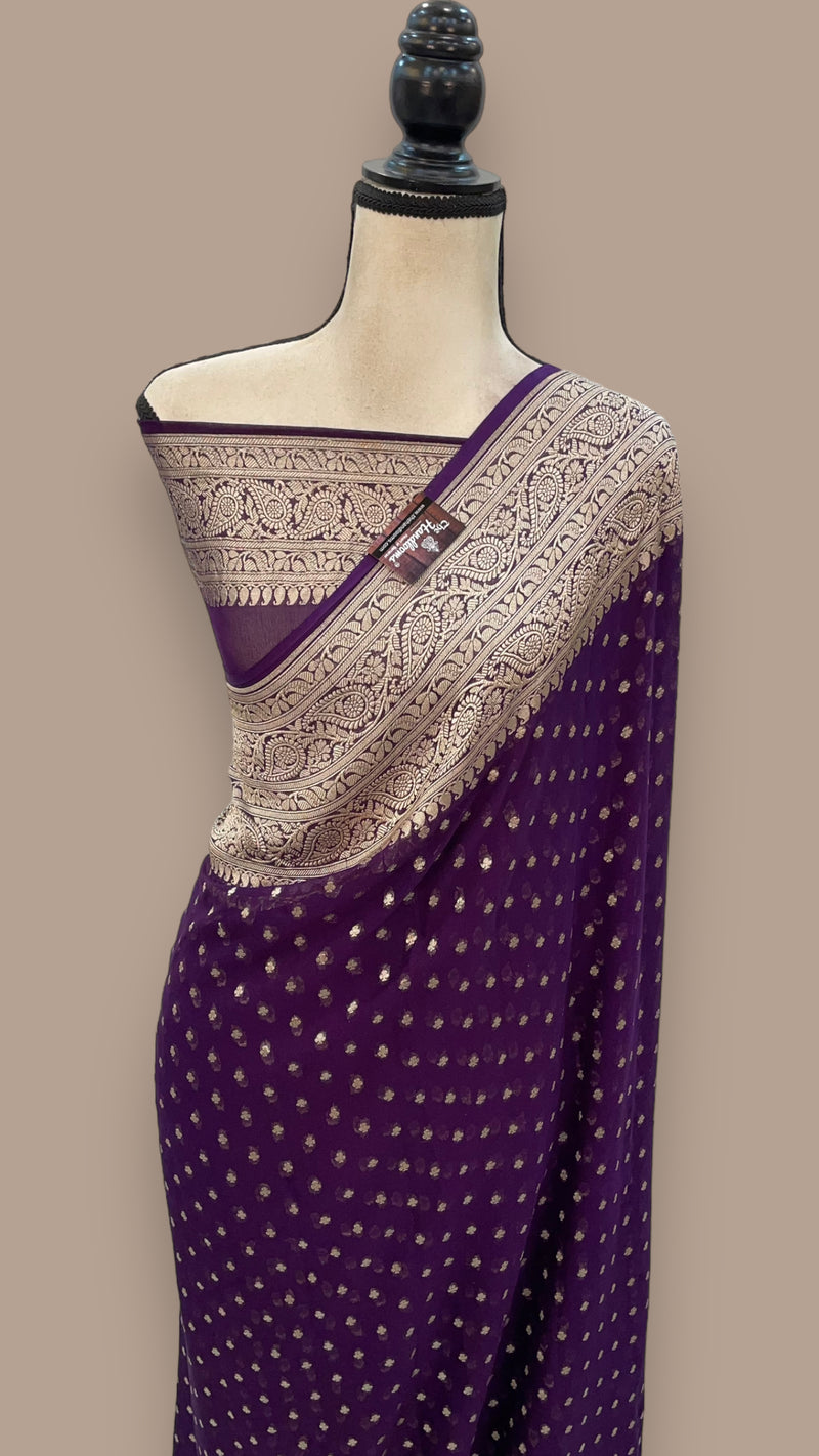 Wine Pure Khaddi Georgette Handloom Banarasi Saree - The Handlooms