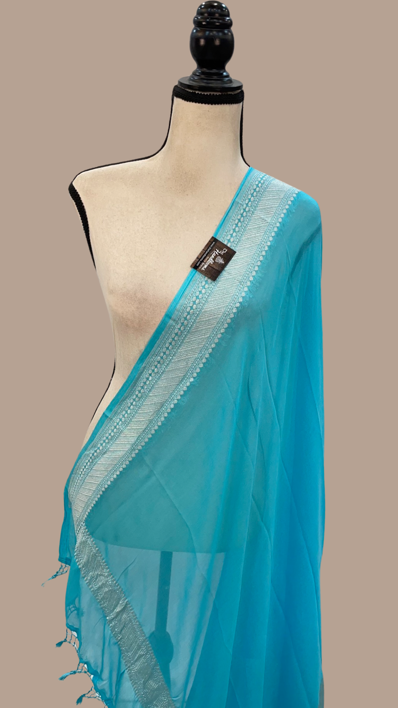 Pure Georgette Dupatta - Firozi silver zari - The Handlooms