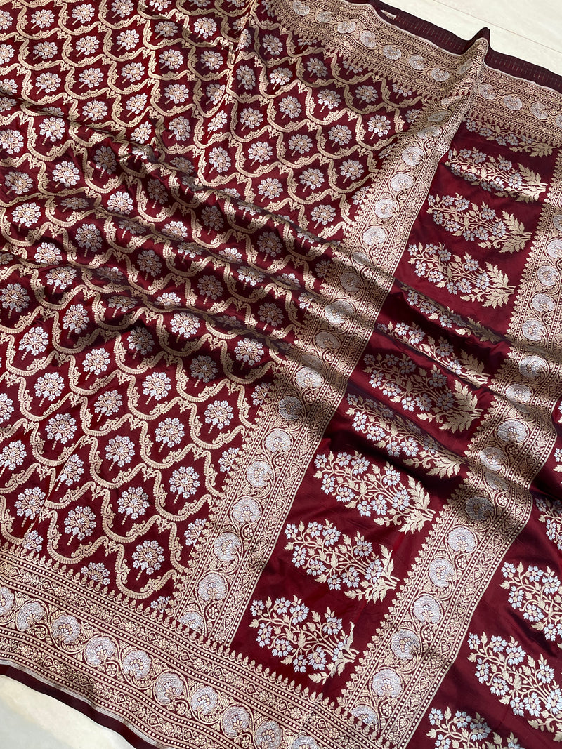 Pure Katan Silk Banarasi Handloom Saree - All over Sona Roopa Jaal work - The Handlooms