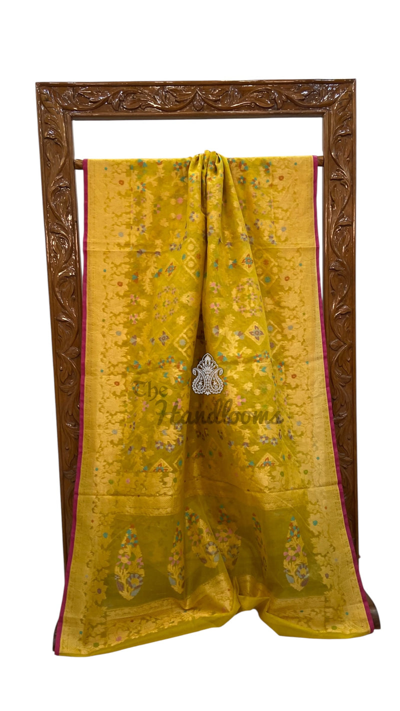 Pure Katan Silk Banarasi Handloom Saree - All Over Jaal Work With Meenakari