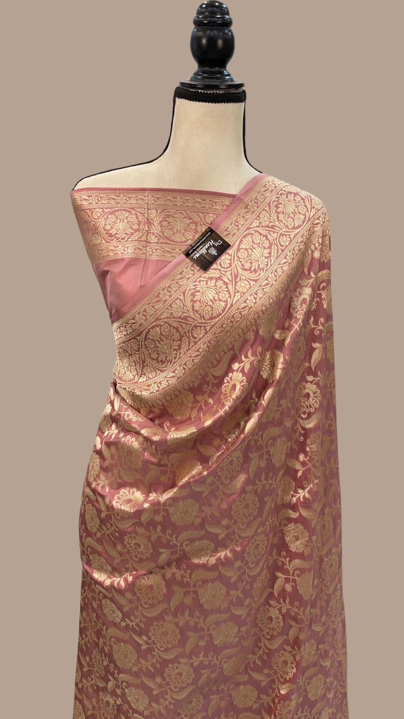 Onion Pink Pure Katan Silk Banarasi Handloom Saree - All Over Jaal Work - The Handlooms