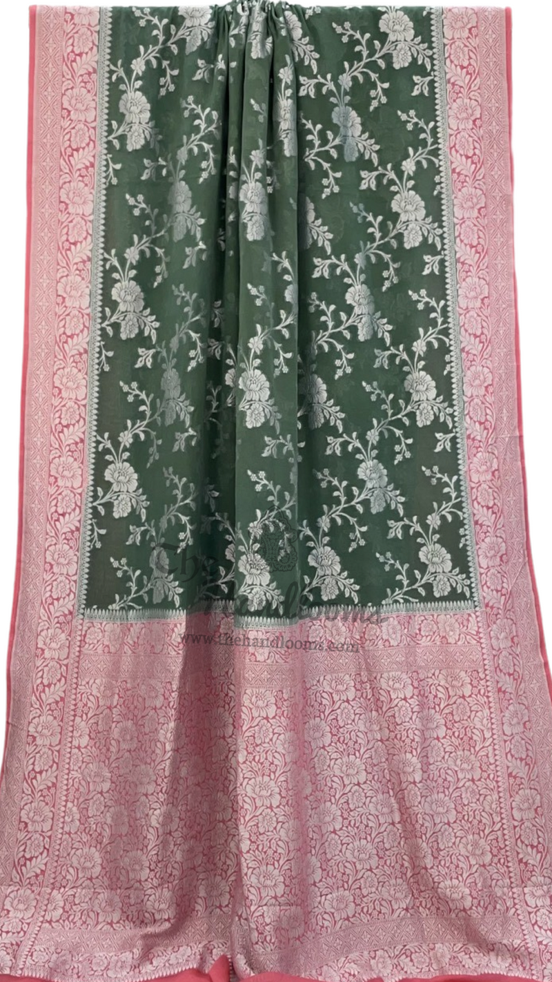 Cement Green with Pink Khaddi Georgette Banarasi Saree - The Handlooms