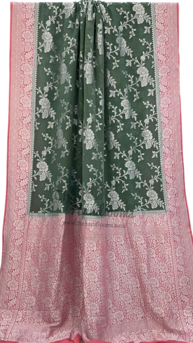 Cement Green with Pink Khaddi Georgette Banarasi Saree