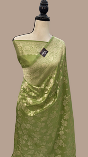Pista Pure Katan Silk Banarasi Handloom Saree - All Over Jaal Work - The Handlooms