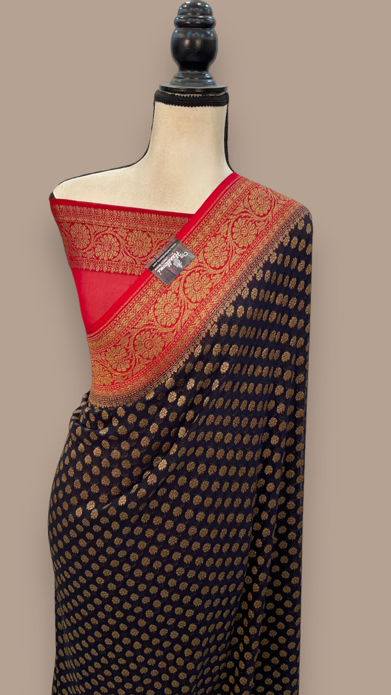 Black Pure Khaddi Georgette Handloom Banarasi Saree - The Handlooms
