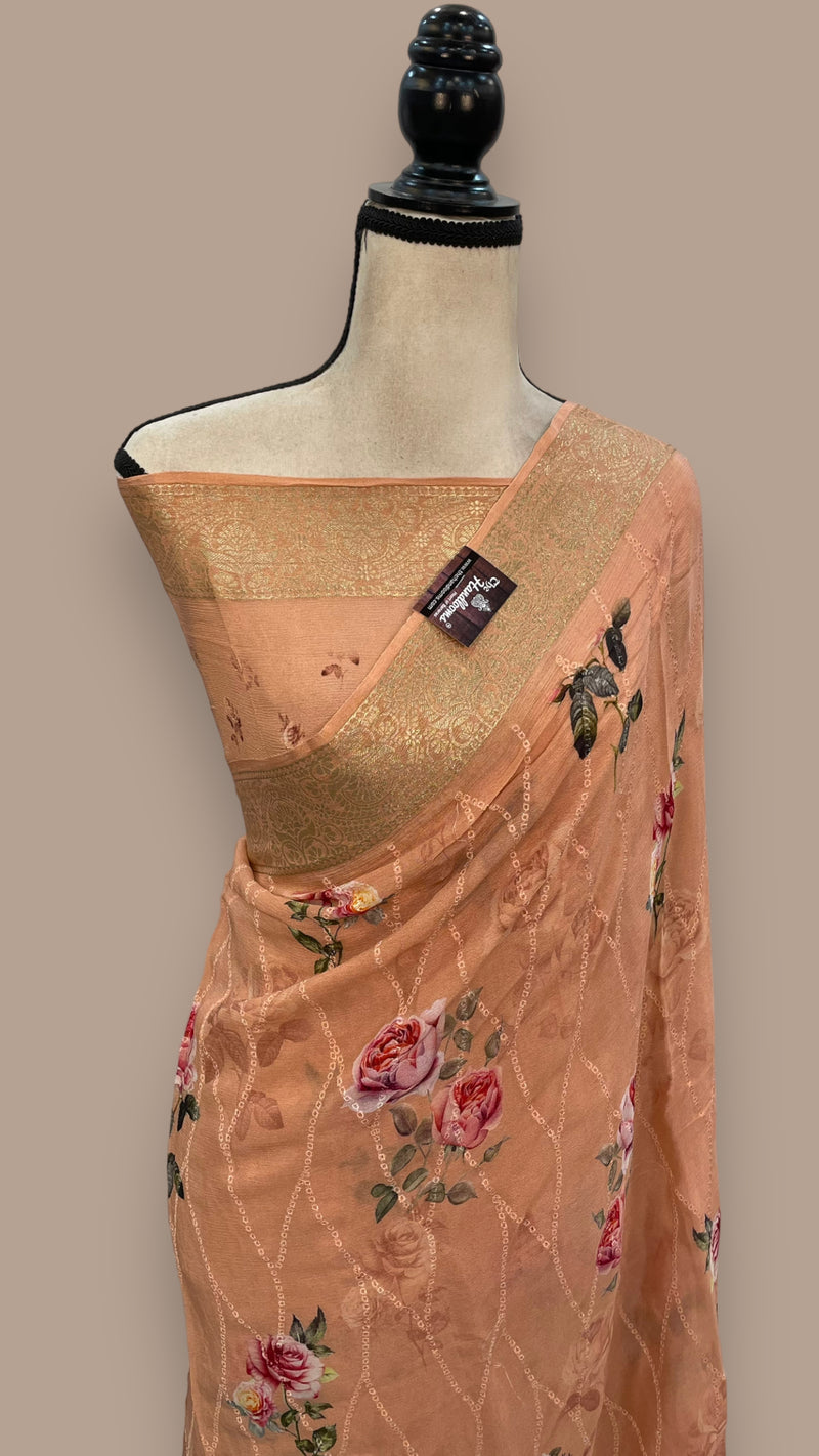 Pure Georgette Chikankari Handloom Banarasi Saree - The Handlooms