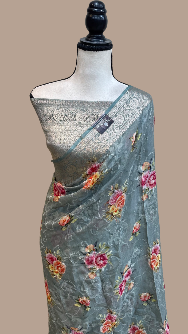 Pure Georgette  Digital Print with Chikankari Handloom Banarasi Saree - The Handlooms