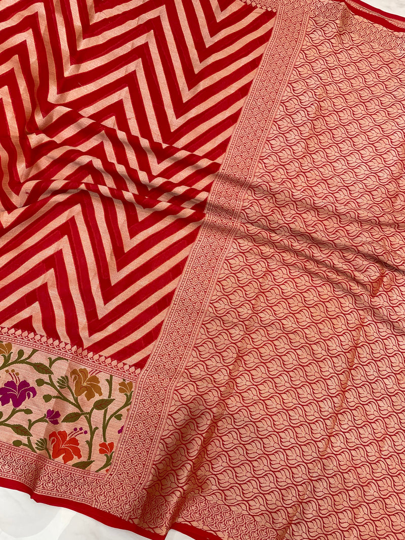 Red Pure Chiffon Khaddi Banarasi Saree - The Handlooms