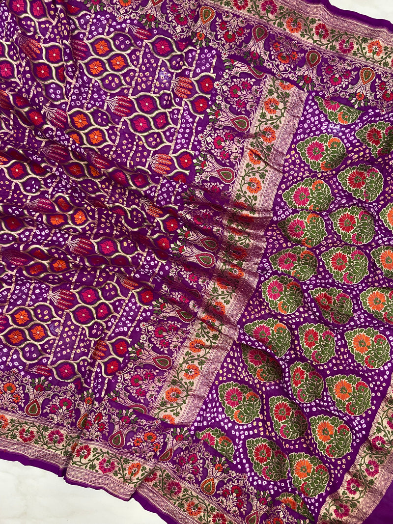 Pure Georgette Banarasi Bandhej Handloom Saree - Meenakari