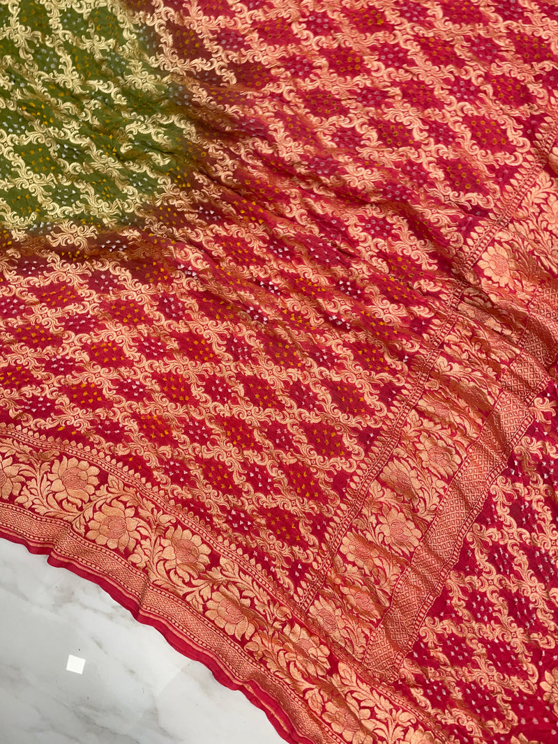 Dual Shade Pure Georgette Banarasi Bandhej Handloom Saree - The Handlooms