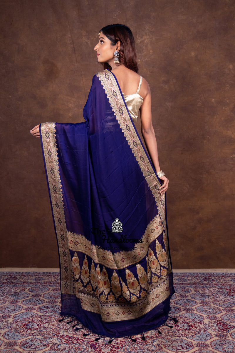 Blue Pure Chiffon Khaddi Banarasi Saree - The Handlooms