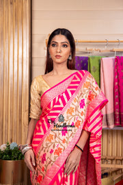 Hot Pink Pure Chiffon Khaddi Banarasi Saree - The Handlooms