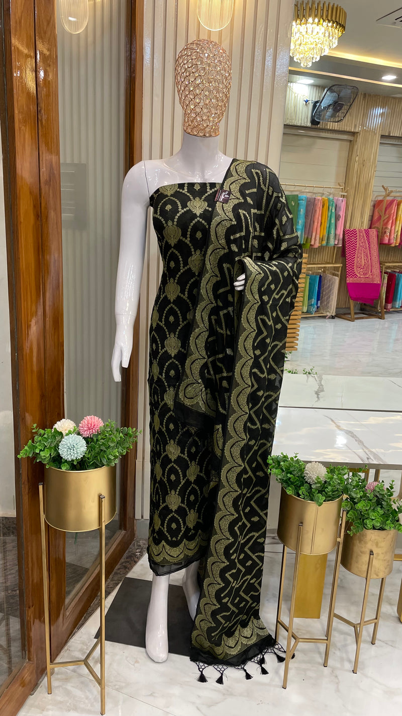 Black Pure Chiffon Khaddi Banarasi Dress material - The Handlooms
