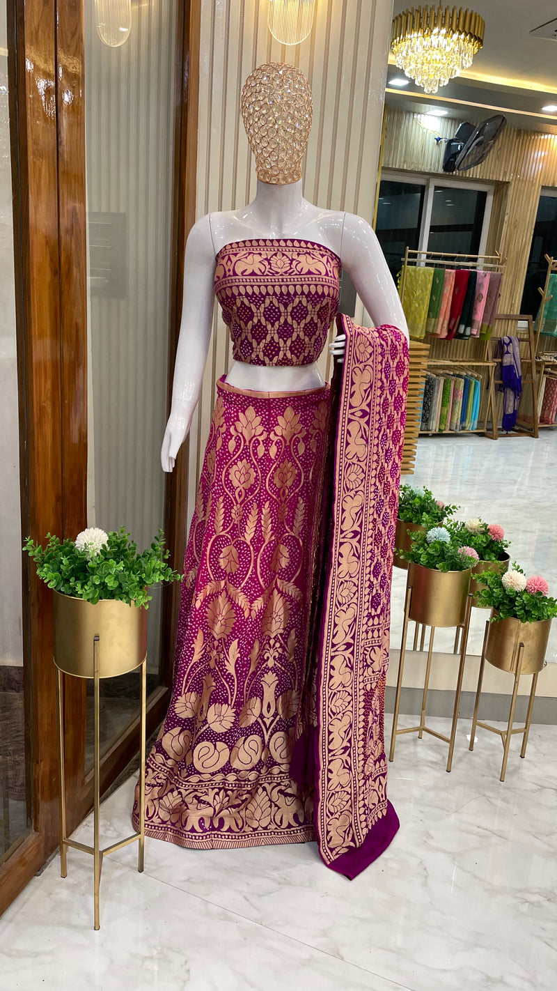 Pure Khaddi Georgette Bandhani Handloom Banarasi Lehenga - The Handlooms