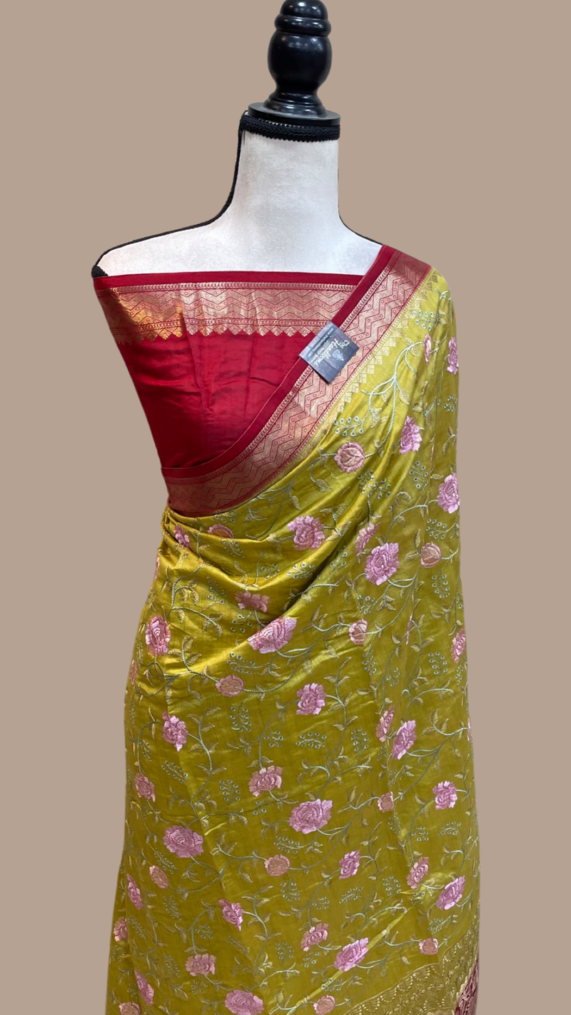 Pure Chiniya Silk Handloom Banarasi Saree With Chikankari - The Handlooms