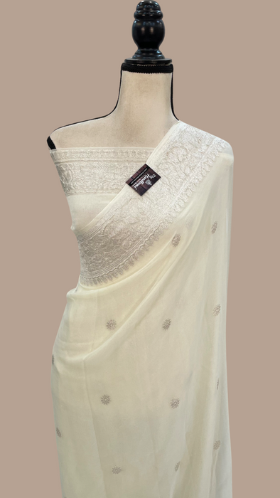 Pure Georgette Banarasi Handloom Saree -  Off White