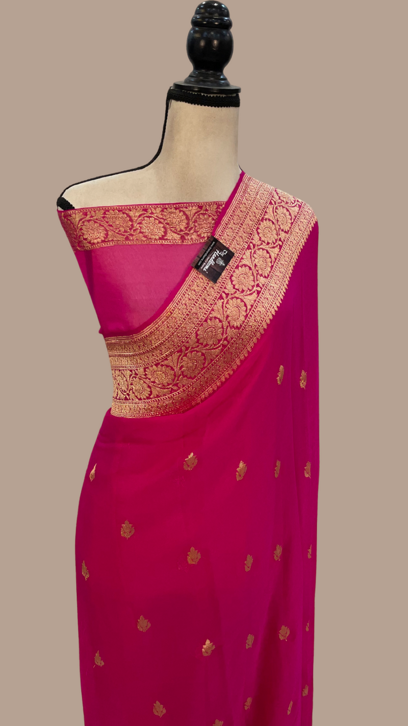 Hot Pink Pure Georgette Banarasi Saree - Gold zari - The Handlooms