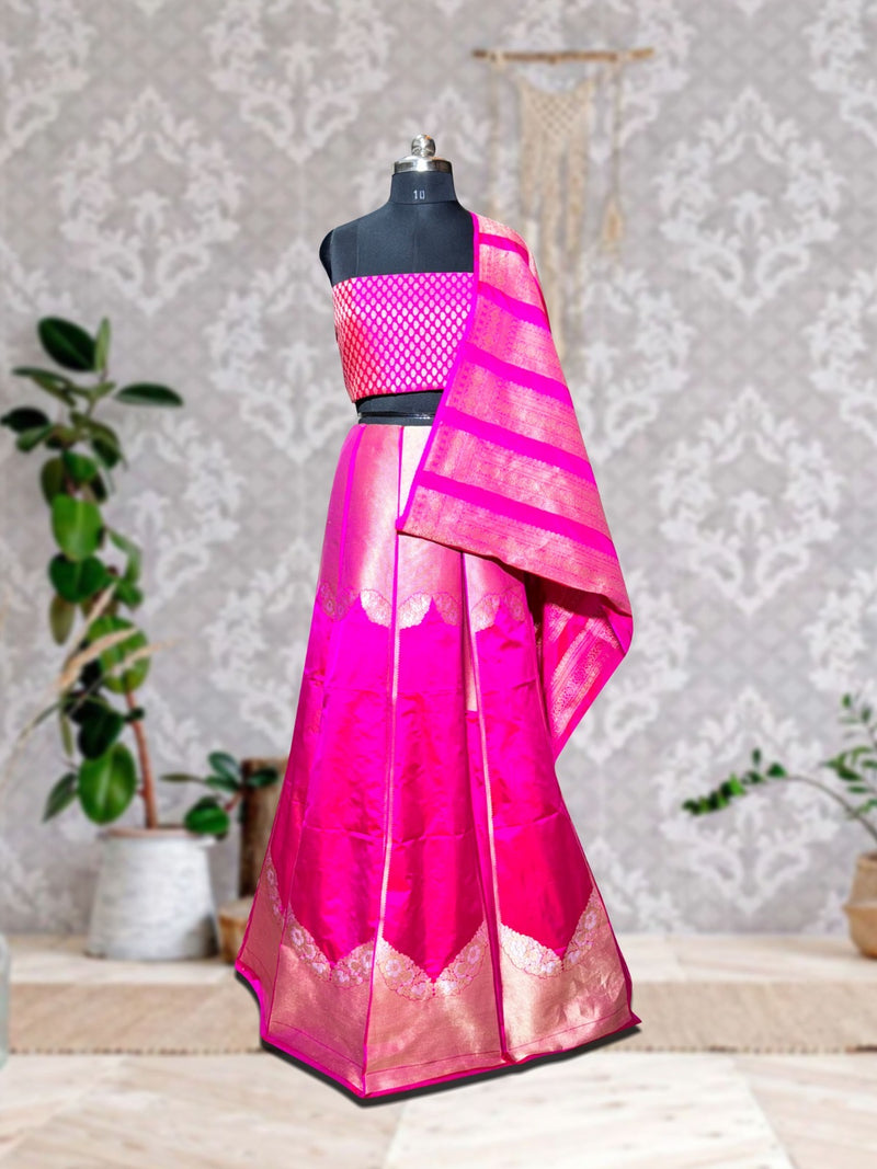 Pure Katan Silk Handloom Banarasi Lehenga All Over Sona Roopa Jaal Work With Stitched - The Handlooms