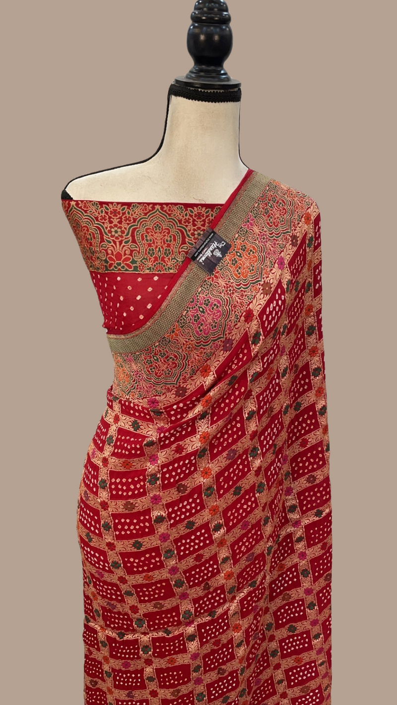 Pure Georgette Banarasi Bandhej Handloom Saree - with meenakari work - The Handlooms