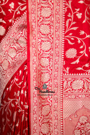 Red Pure Katan Silk Banarasi Handloom Saree - All Over Jaal Work - The Handlooms