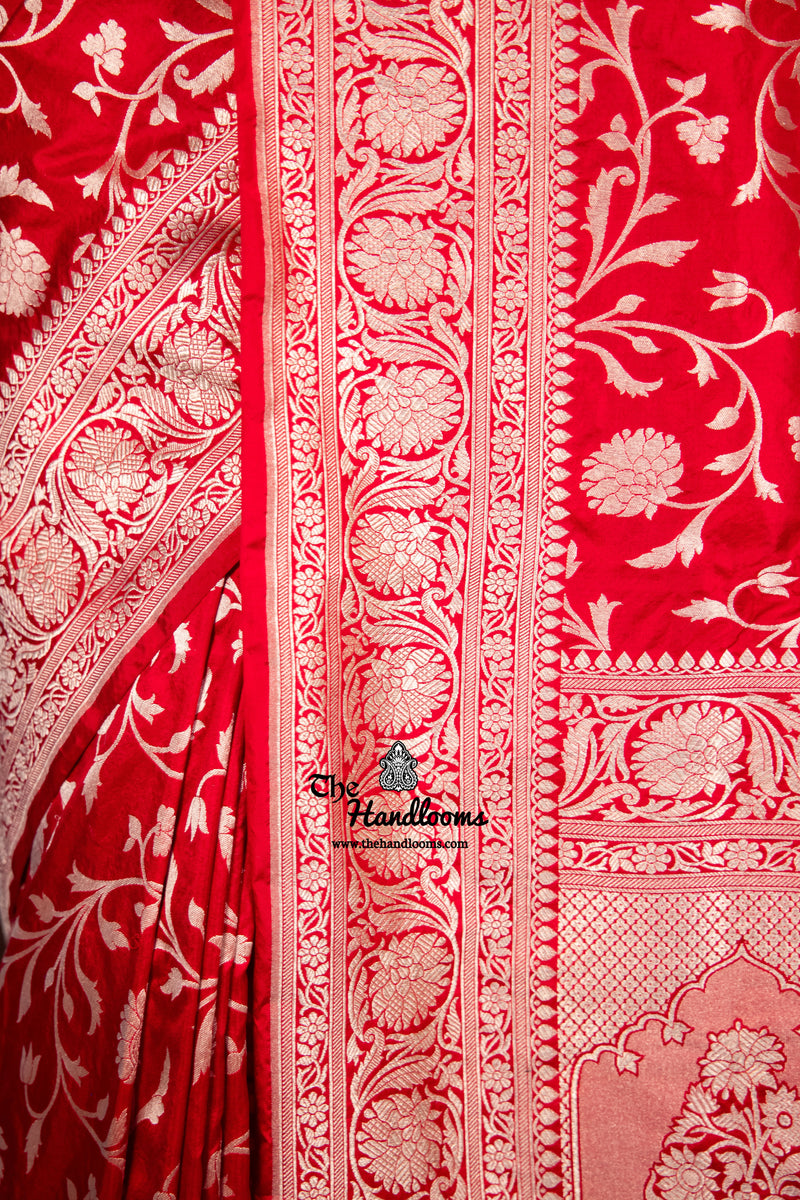 Red Pure Katan Silk Banarasi Handloom Saree - All Over Jaal Work - The Handlooms