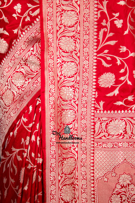 Red Pure Katan Silk Banarasi Handloom Saree - All Over Jaal Work