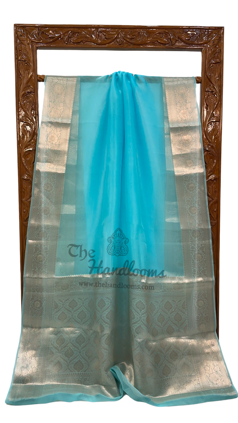 Sky Blue Pure Kora Handloom Banarasi Saree - The Handlooms