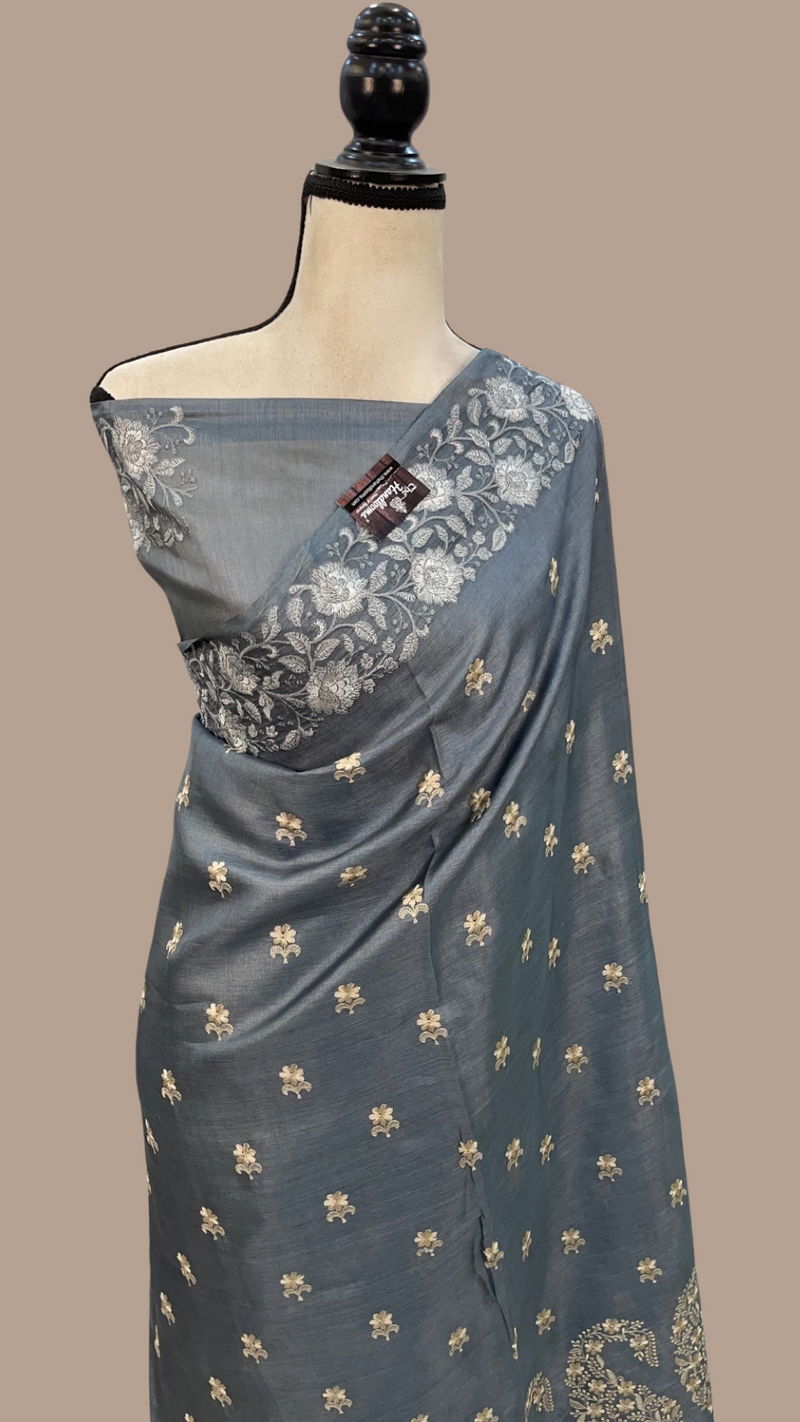 Tussar Silk Handloom Banarasi Saree With Chikankari - The Handlooms