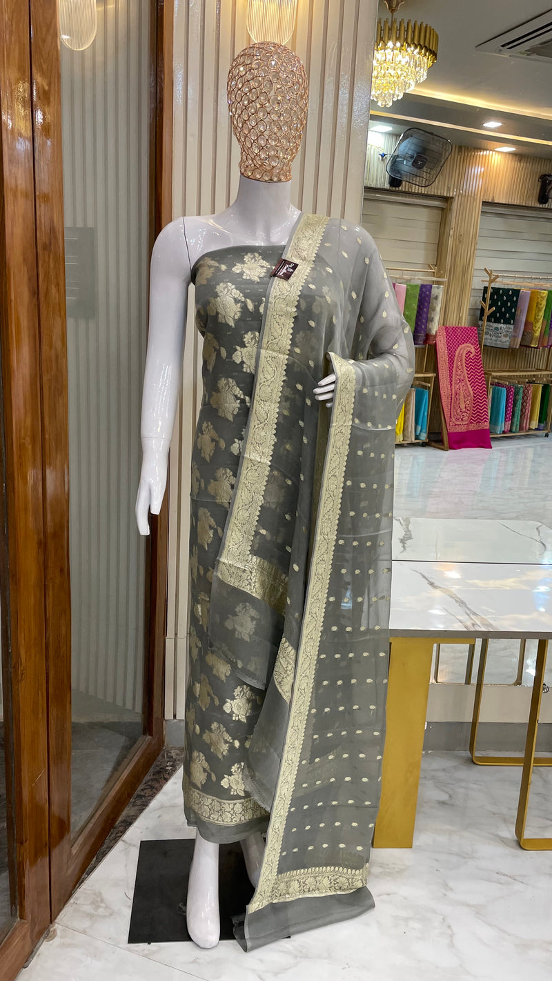 Mouse Grey Khaddi Georgette Banarasi Dress material - The Handlooms