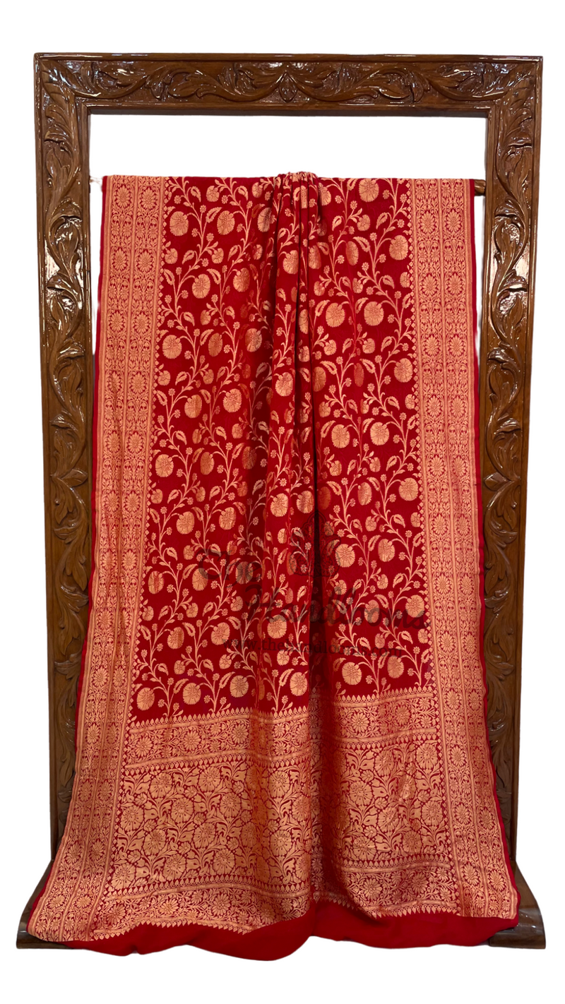 Red Khaddi Georgette Banarasi Saree - Gold zari - The Handlooms