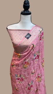 Pure Georgette  Digital Print with Chikankari Handloom Banarasi Saree - The Handlooms