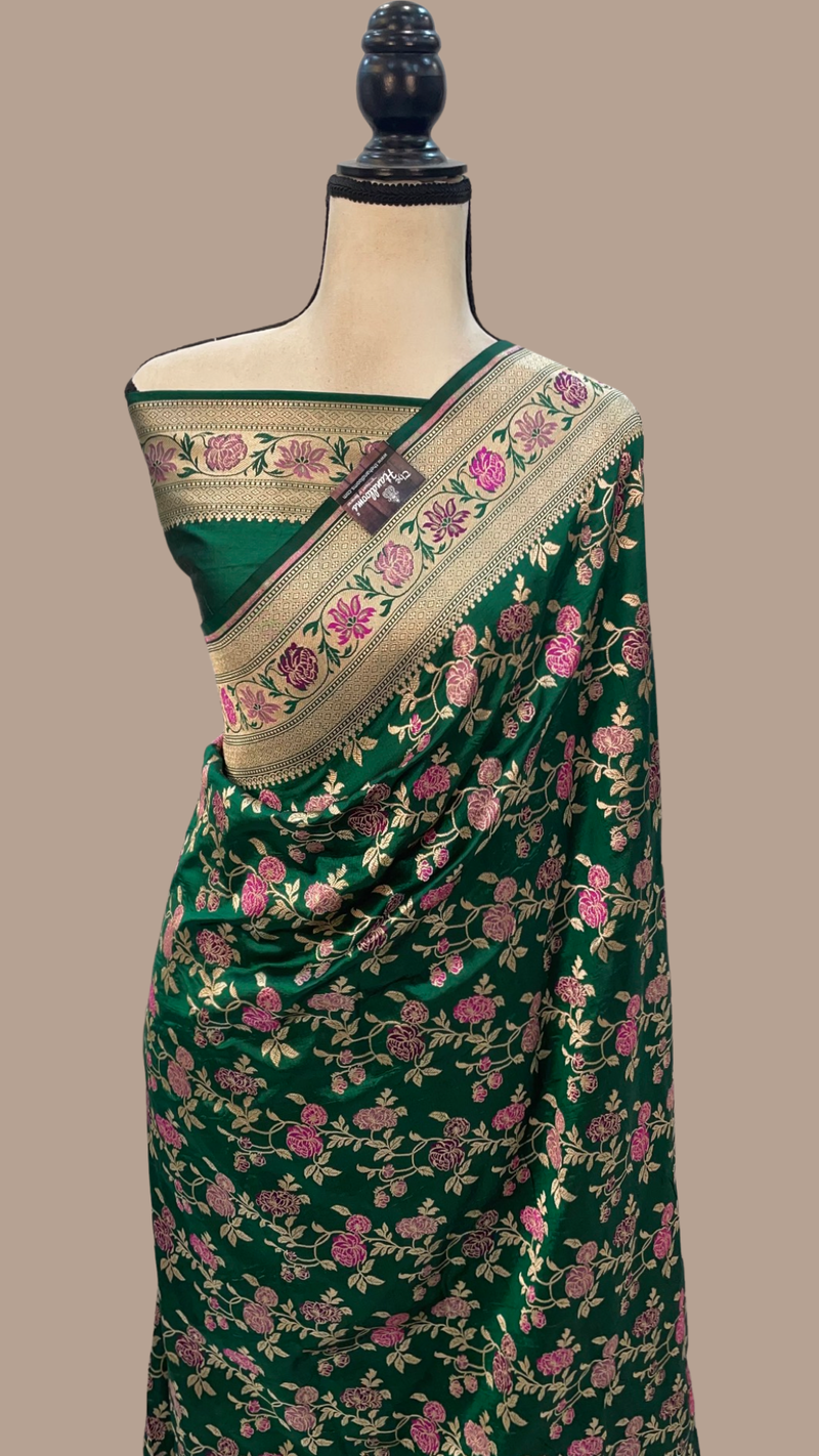 Green Pure Katan Silk Banarasi Handloom Saree - All over Jaal work with meenakari - The Handlooms