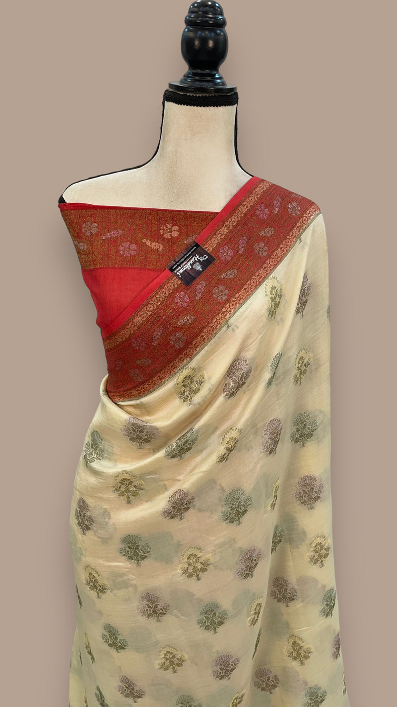 Cream Pure Butter Crepe Banarasi Saree - The Handlooms