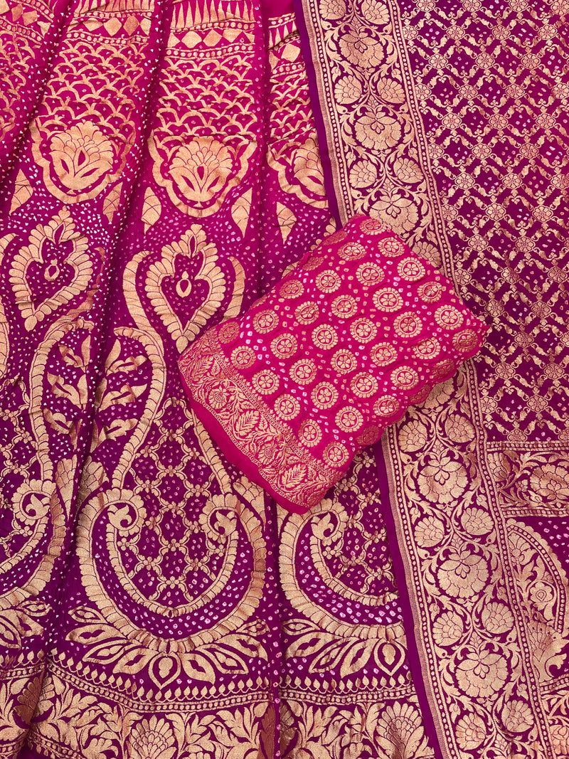 Pure Khaddi Georgette Bandhani Handloom Banarasi Lehenga - The Handlooms