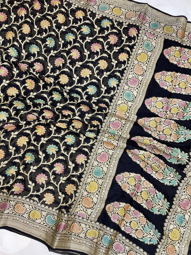 Black Pure Chiffon Khaddi Banarasi Saree - The Handlooms