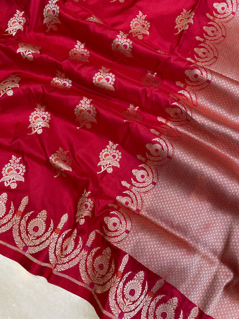 Red Pure Katan Silk Banarasi Handloom Saree - All over Jaal work - With Meenakari - The Handlooms