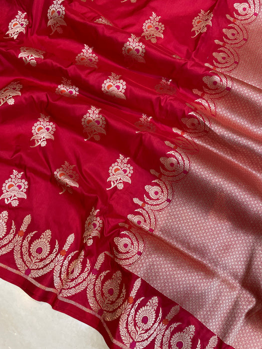 Red Pure Katan Silk Banarasi Handloom Saree - All over Jaal work - With Meenakari