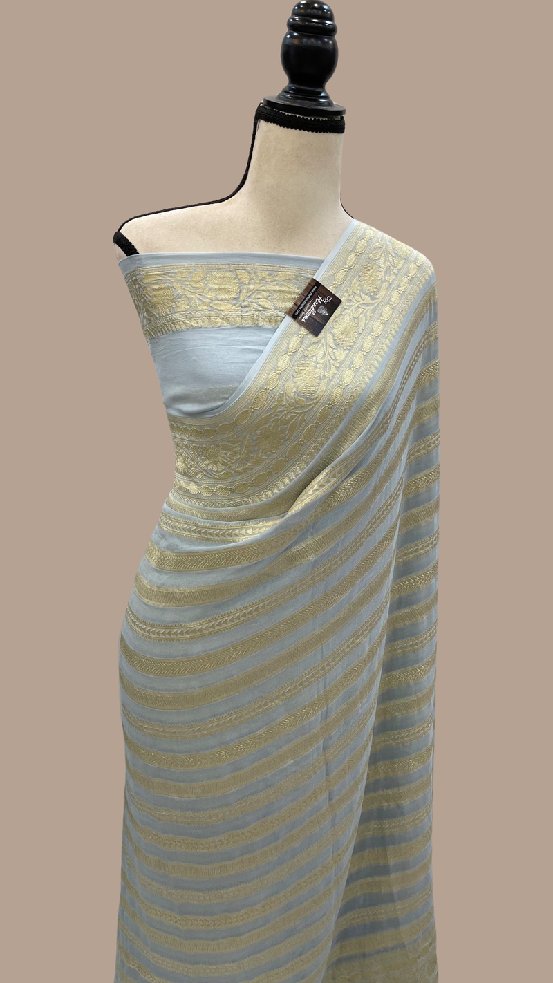 Grey Pure Khaddi Georgette Handloom Banarasi Saree - The Handlooms