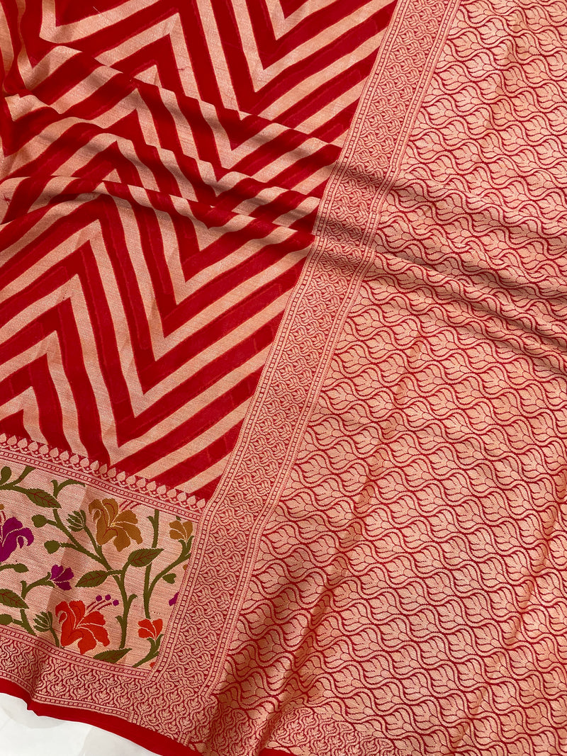 Red Pure Chiffon Khaddi Banarasi Saree - The Handlooms